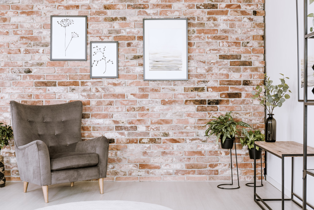 living room interior with red brick wall